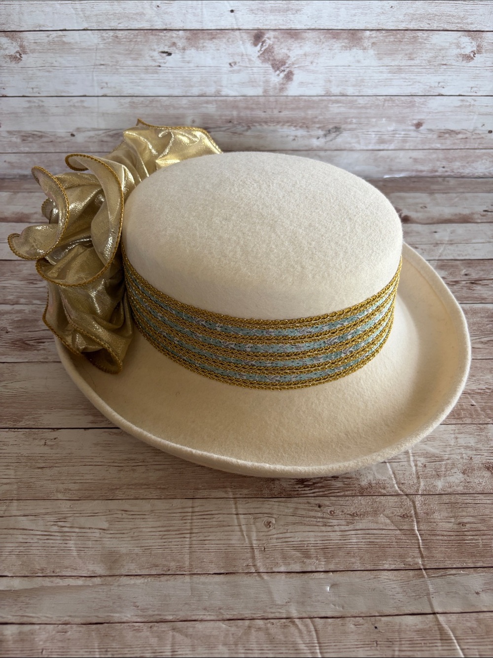 Vintage Ivory Dress Hat with Gold Ribbon Accent - Picture 9 of 10